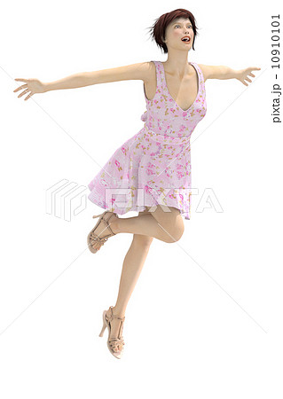 風に向かってジャンプするワンピースの女性 合成用 背景透過 ３dcg イラスト素材のイラスト素材