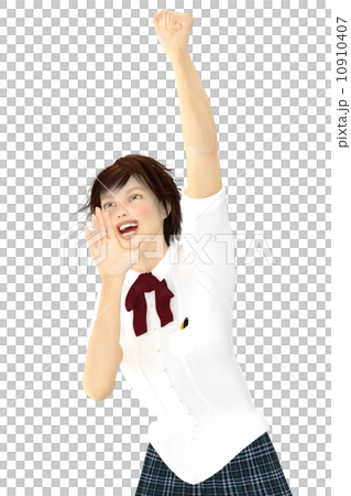 大声で声援を送る女子高生　合成用　背景透過pngイラスト素材　 10910407
