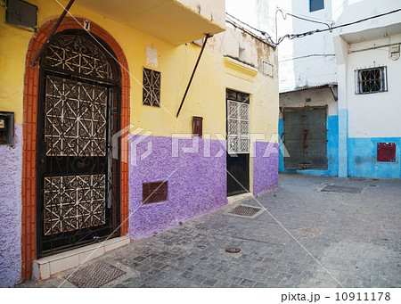 Colorful walls and doors in Medina, old part of Tangier, Morocco 10911178