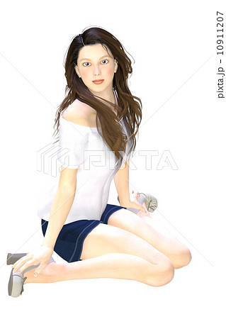 床に座ったロングヘアの女性 合成用 背景透過pngイラスト素材 のイラスト素材