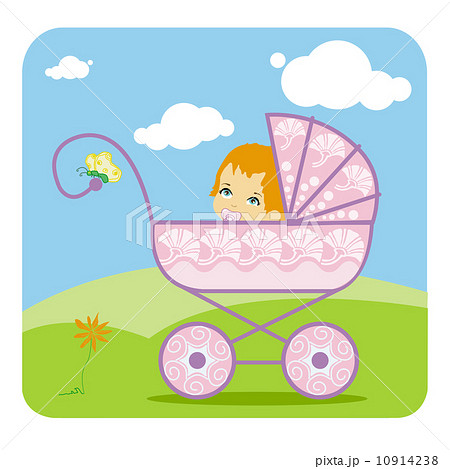 Baby peeking out from a baby carriage  10914238