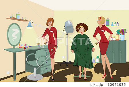 Beauty salon  client two salon workers in red uniforms 10921036
