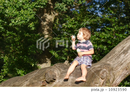 Little cute toddler boy playing with soap bubbles in  forest 10923590