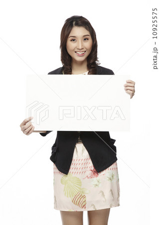 Businesswoman holding blank whiteboard sign 10925575
