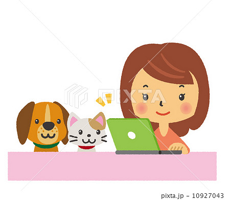 Pc ペット 女性 犬 猫 ノートパソコンのイラスト素材