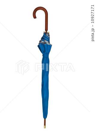 blue umbrella isolated on a white background with a brown wood h 10927171