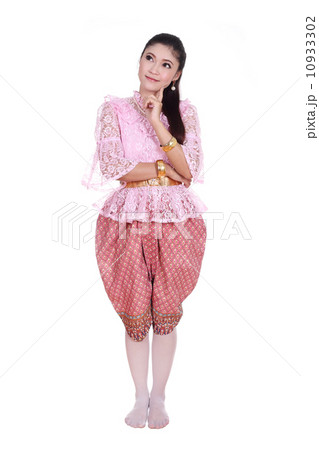 woman wearing typical thai dress thinking isolated on white back 10933302