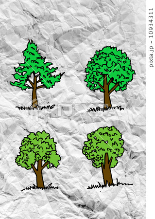 Set of trees with leaves on crumpled paper 10934311