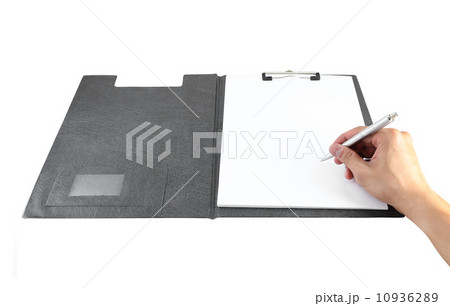 hand with pen writing on clipboard 10936289