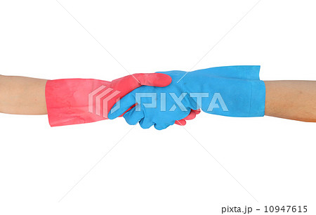 hand shake in a rubber gloves isolated on white background 10947615