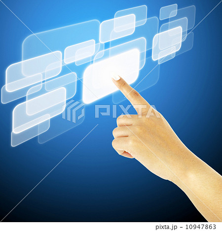 hand pushing a button on a touch screen interface 10947863