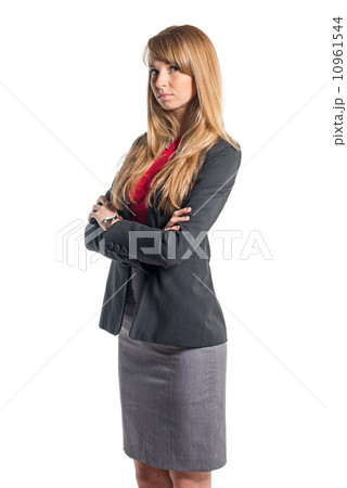 Portrait of young business woman gray skirt red shirt classical costume isolated on white background 10961544