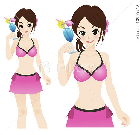 ピンクの水着の女の人とトロピカルジュースのイラスト素材 [10965712