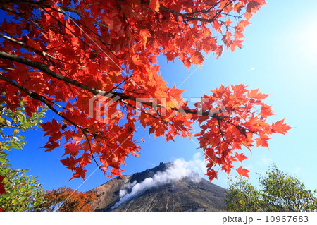 那須連峰・牛ガ首付近の紅葉と噴煙上がる茶臼岳 10967683