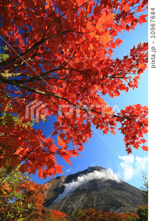 那須連峰・牛ガ首付近の紅葉と噴煙上がる茶臼岳 10967684