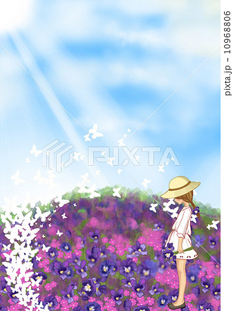 花畑と少女のイラスト素材