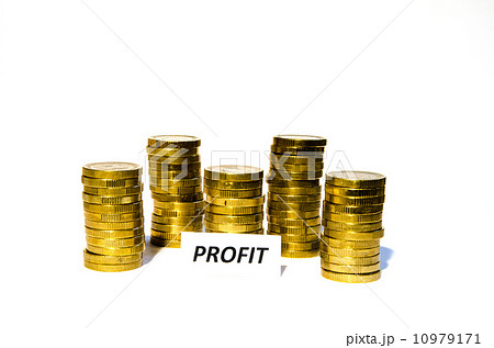 Profit sign at coin piles 10979171