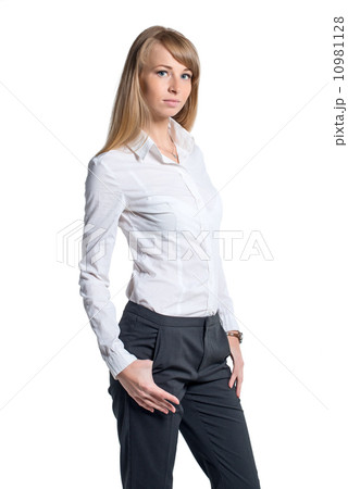 Portrait of young business woman white shirt black trousers pants  isolated 10981128