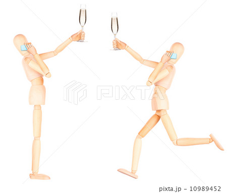 wooden Dummy with champagne and mobile phone wooden Dummy with champagne and mobile phone 10989452