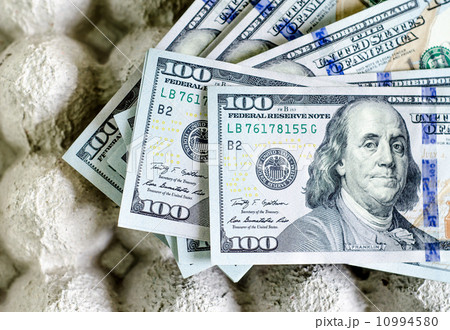 Stack of one hundred dollar bills on tray egg background Stack of one hundred dollar bills on tray egg background 10994580