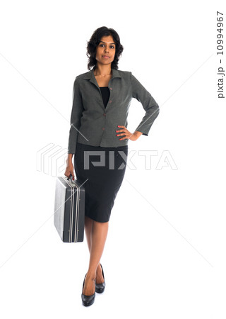 indian business woman on suitcase full body isolated on white 10994967