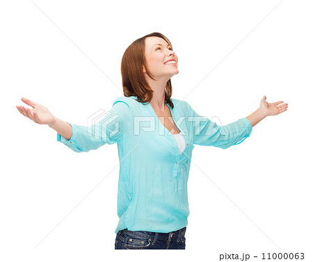 smiling woman waving hands smiling woman waving hands 11000063