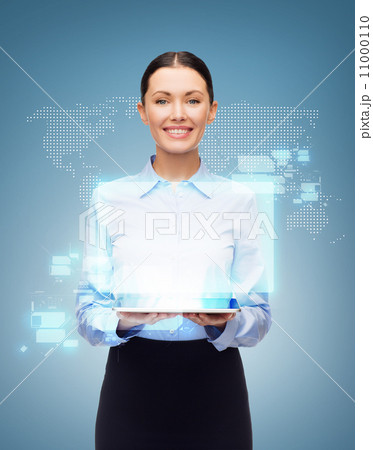 businesswoman with tablet pc and world hologram businesswoman with tablet pc and world hologram 11000110
