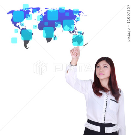 woman pushing a touch screen interface woman pushing a touch screen interface 11007257