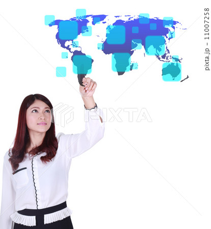 business woman pushing a button on a touch screen interface 11007258