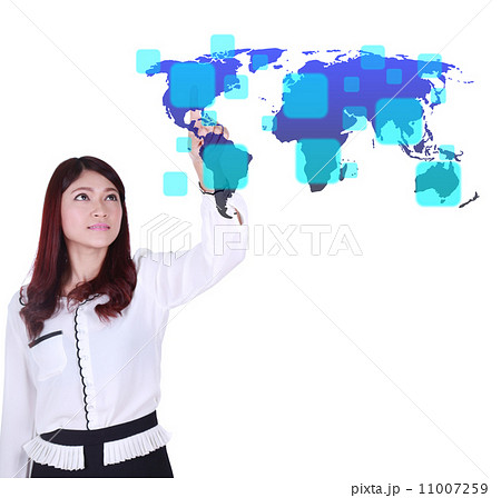 woman pushing a touch screen interface woman pushing a touch screen interface 11007259