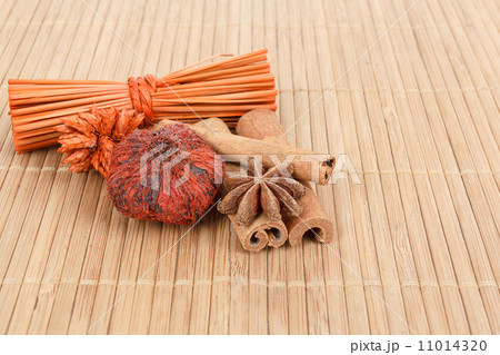 Star Anise and cinnamon on wooden background 11014320