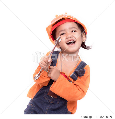Asian Engineer baby girl and wrench in hand Asian Engineer baby girl and wrench in hand 11021619