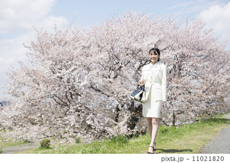 桜の前に立つ新入社員の女性 桜の前に立つ新入社員の女性 11021820