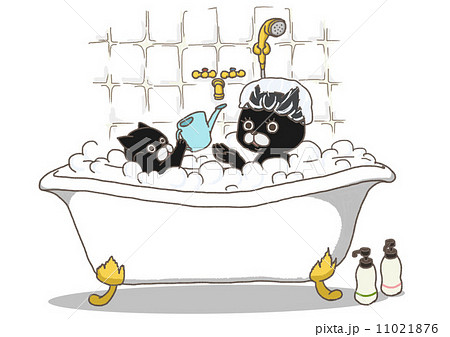 お風呂に入る猫の親子のイラスト素材