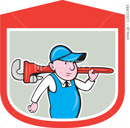 Plumber Holding Big Monkey Wrench Shield Cartoon Plumber Holding Big Monkey Wrench Shield Cartoon 11021985