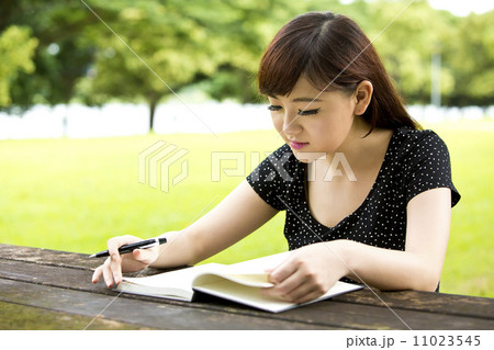 Beautiful young teenage female student studying and writing in park bench 11023545