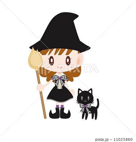 魔女の衣装の女の子と黒猫のイラスト素材