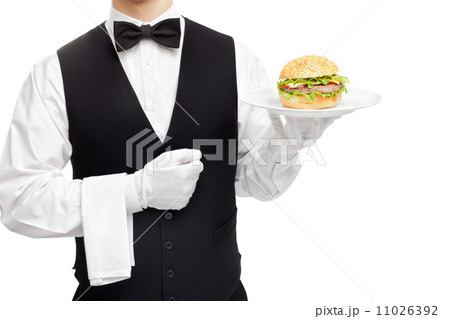 Waiter torso with hamburger on plate Waiter torso with hamburger on plate 11026392