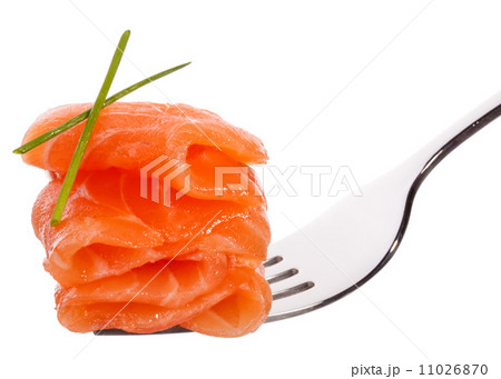 Salmon piece on fork isolated on white background cutout 11026870