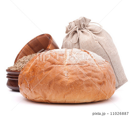 Bread, flour sack and grain isolated on white background cutout Bread, flour sack and grain isolated on white background cutout 11026887