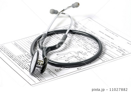 stethoscope resting on a sheet of medical lab test results 11027882