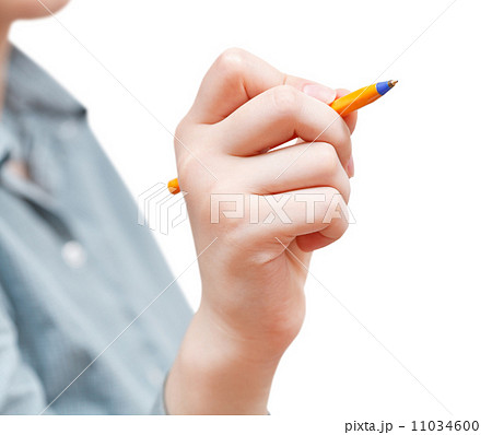 girl writes by pen isolated on white 11034600