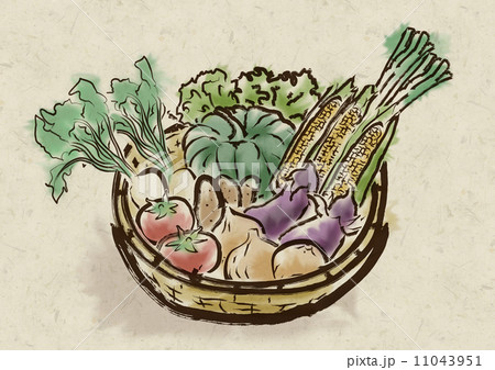 日本画 野菜 墨絵 籠入りのイラスト素材