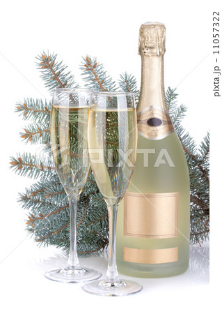 Champagne glasses, bottle and fir tree 11057322