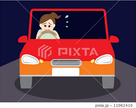 夜間運転を怖がる女性 初心者のイラスト素材