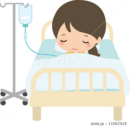 病室のベッドで点滴を受ける女性のイラスト素材