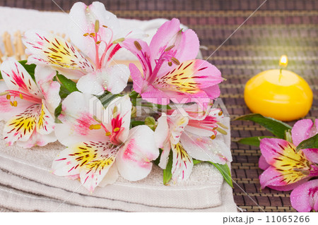 spa setting with alstroemeria flowers 11065266