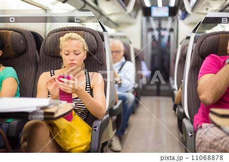 Lady traveling by train using smartphone. Lady traveling by train using smartphone. 11068878