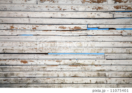 Texture of white weathered wooden lining boards with sky on a background 11075401