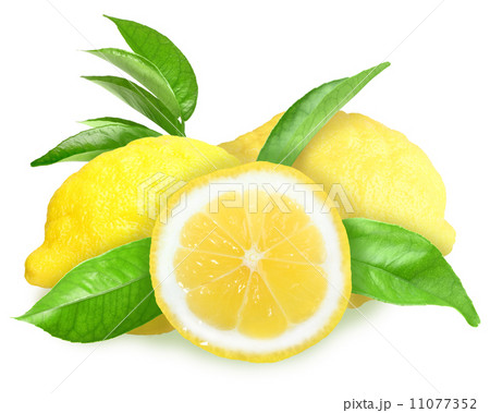 Fresh yellow lemons with green leaf 11077352